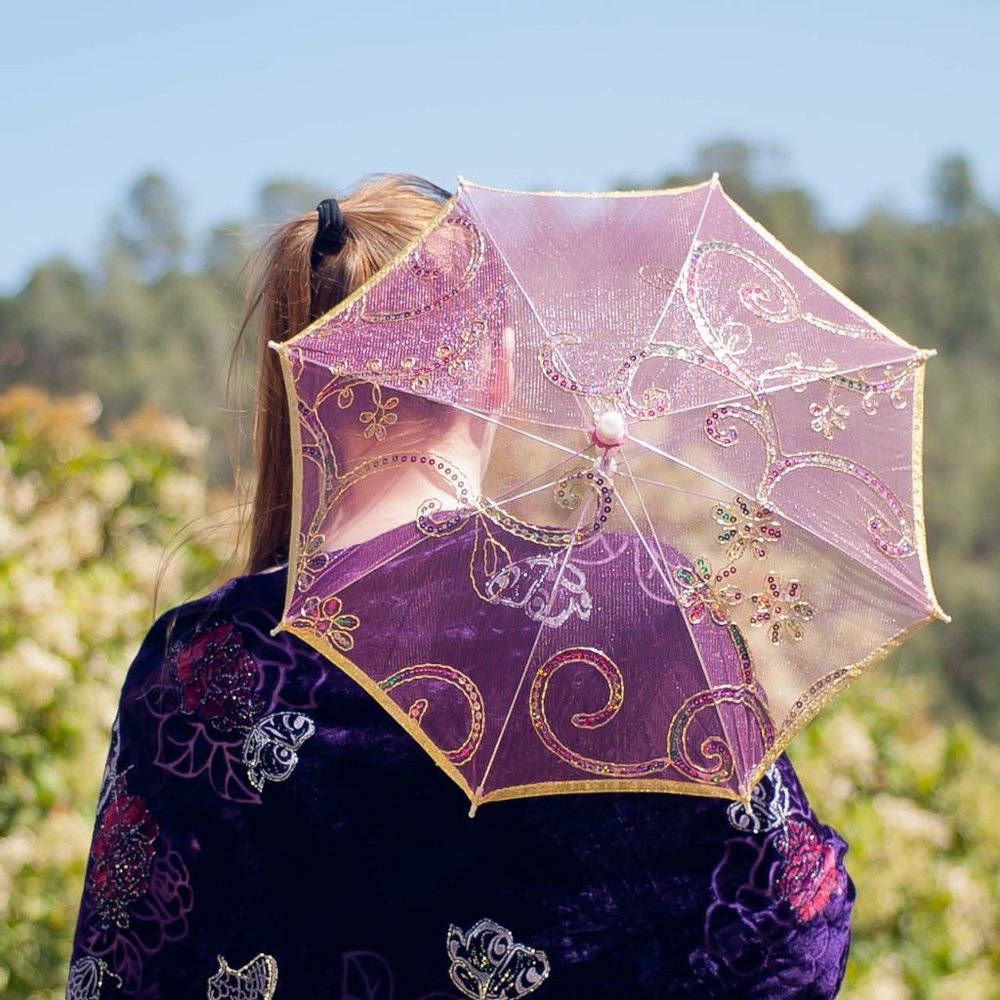 Pink Floral Swirl Sequin Mesh Parasol Umbrella